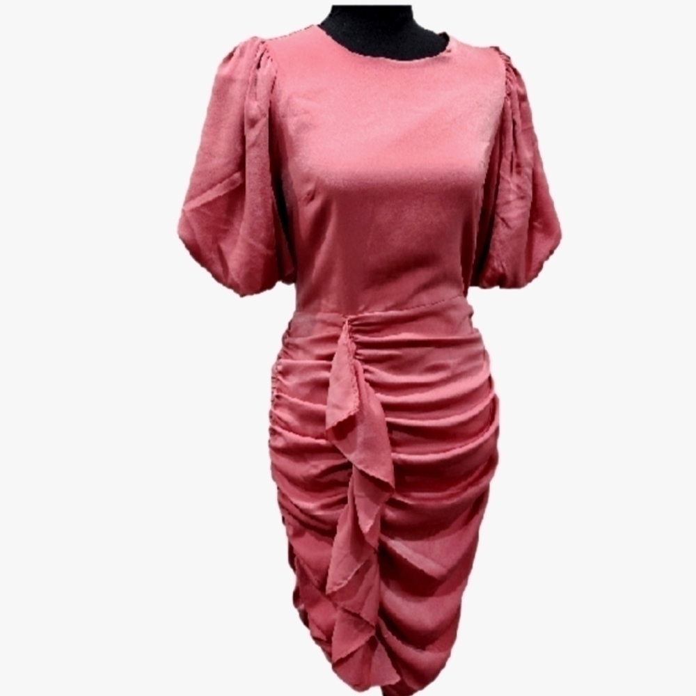 Express Mauve Round Neck Ruffled Flirty Bodycon Midi Pink Dress Size XS